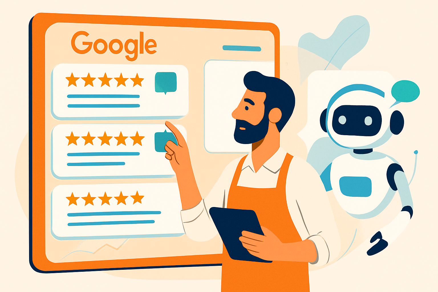 Illustration d'un commerçant local utilisant l'IA pour gérer avis Google IA commerces locaux