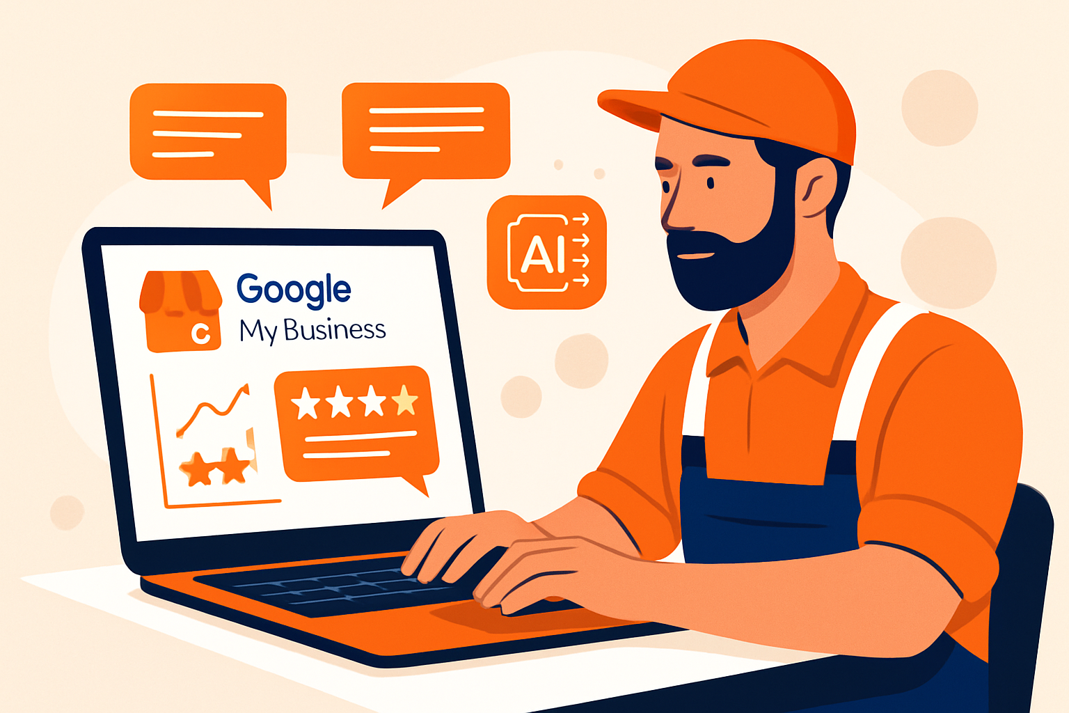 Illustration d’un artisan utilisant une IA pour transformer avis négatifs Google avec IA artisan