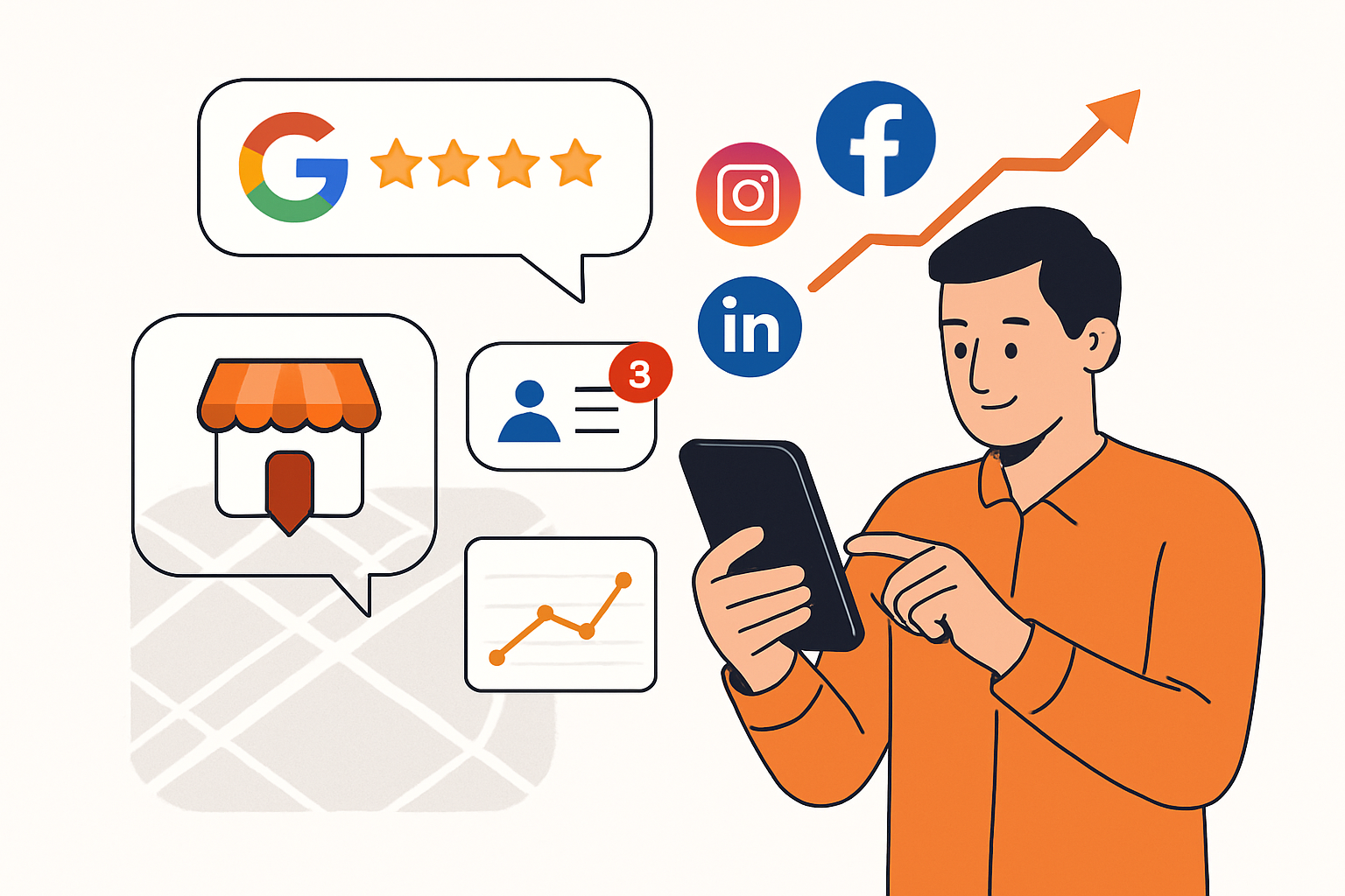 Illustration moderne montrant comment améliorer avis Google avec réseaux sociaux