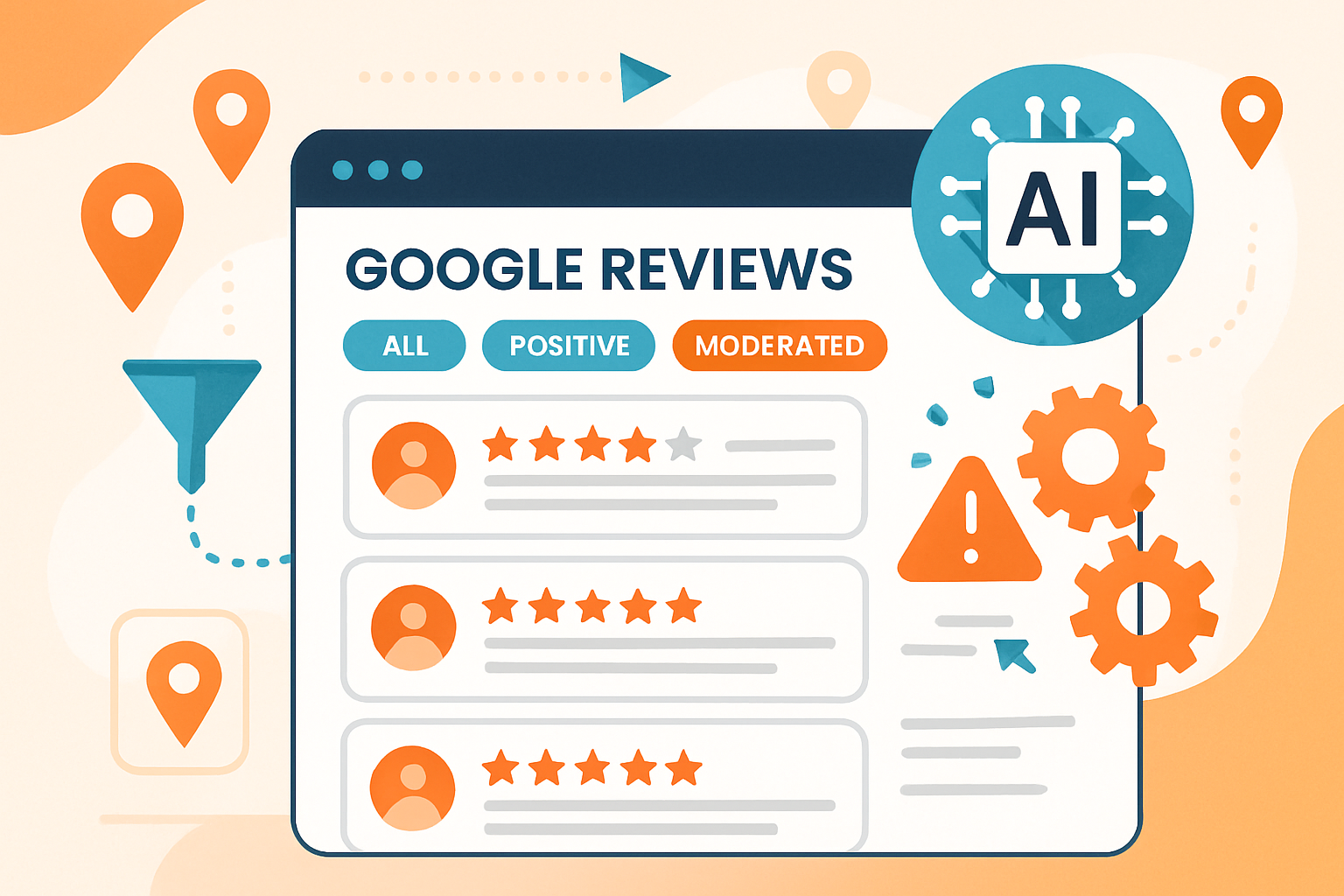 Interface tech illustrant l’automatisation de la modération des avis Google pour éviter les faux avis