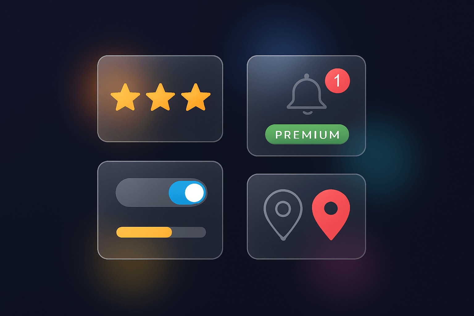 Interface SaaS montrant des avis Google automatisés style glassmorphism