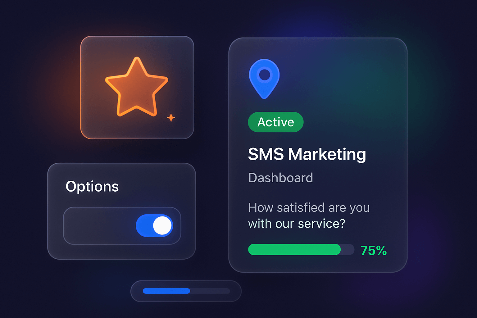 Interface glassmorphism montrant campagnes SMS marketing pour collecter des avis