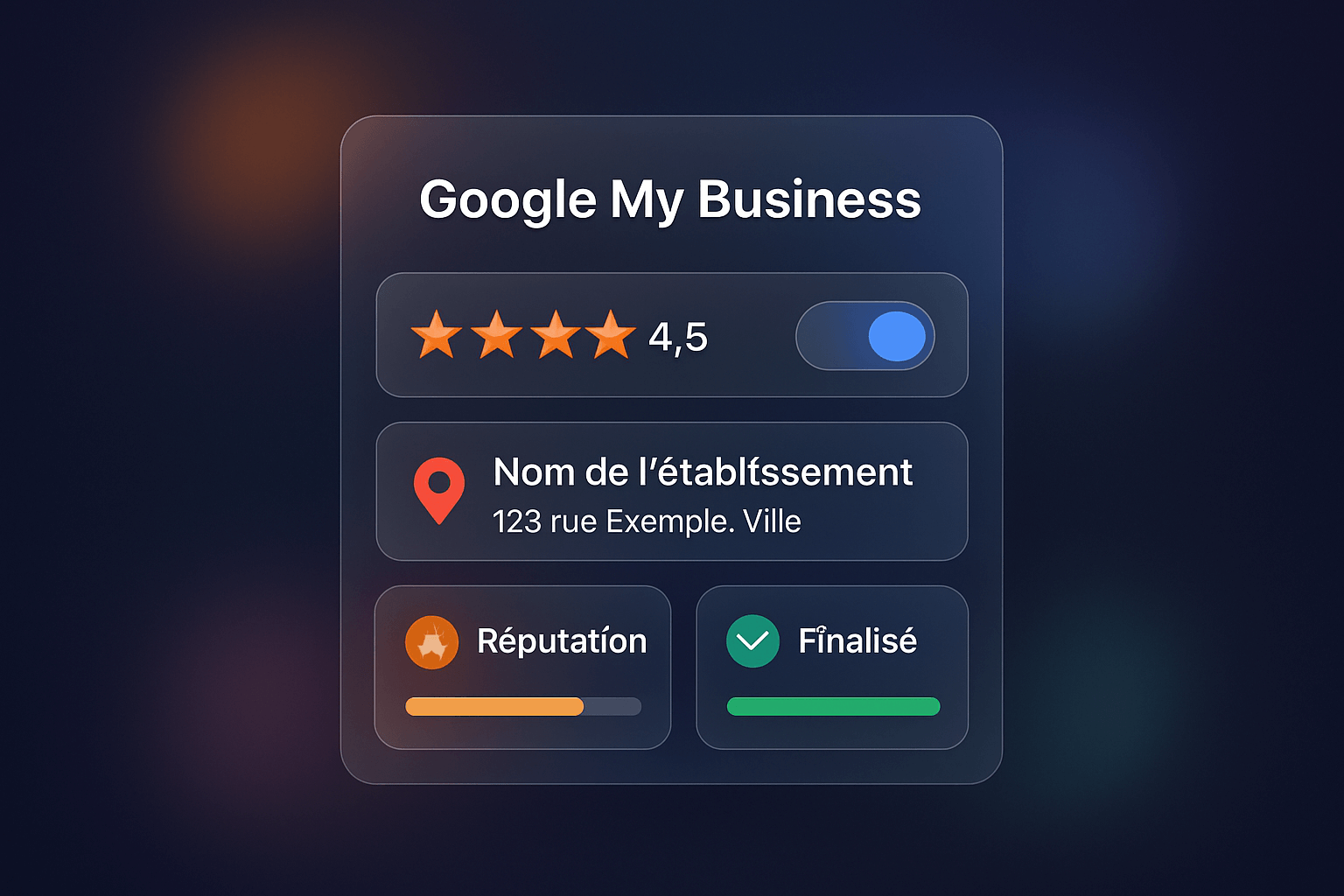 Illustration d’une fiche Google My Business en style glassmorphism