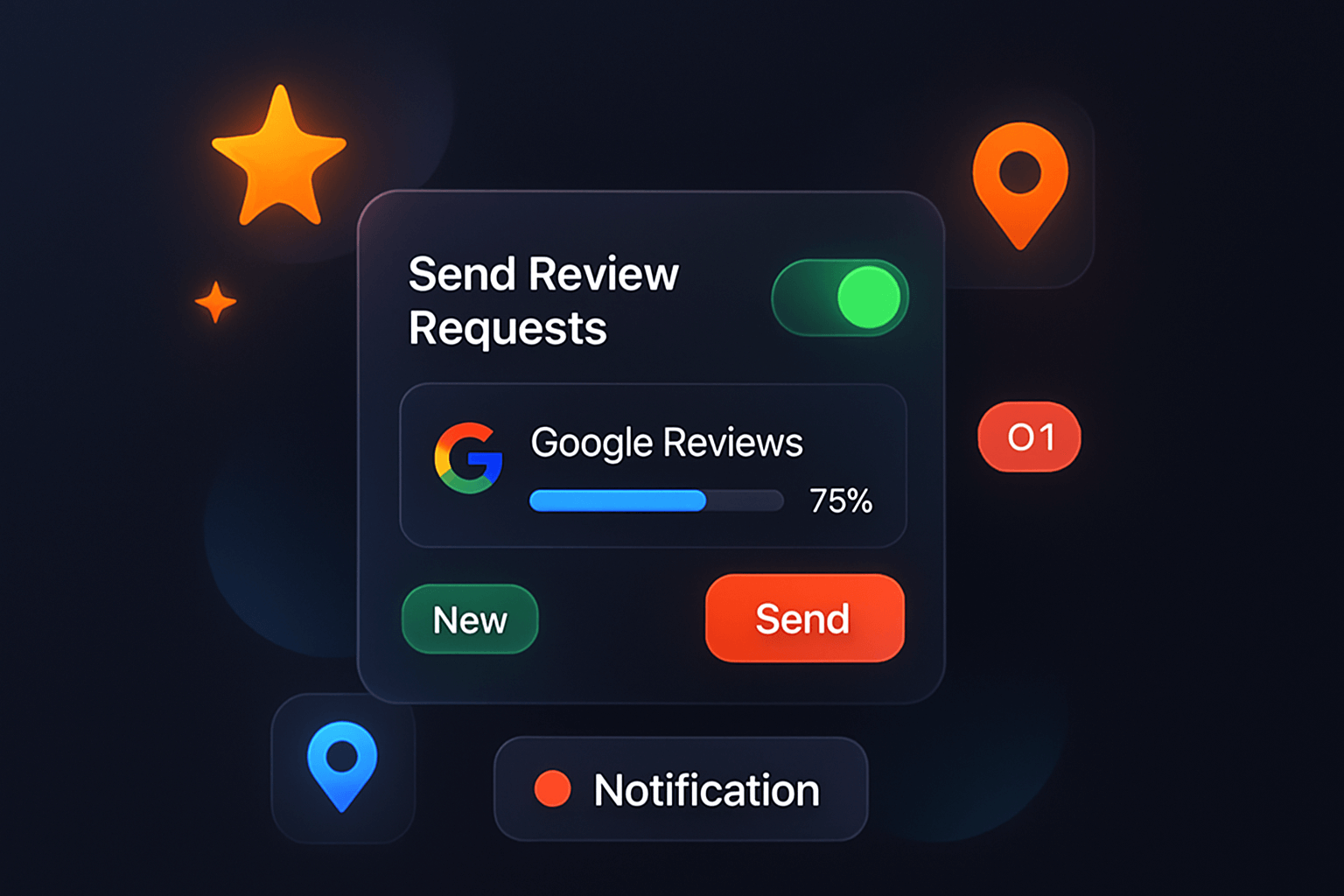 Interface modern glassmorphism pour relance avis Google