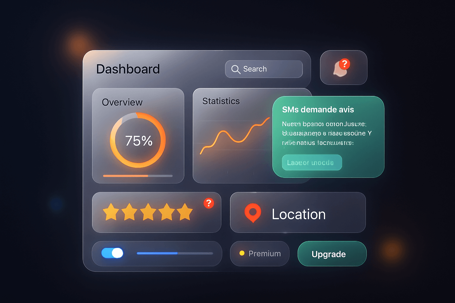 Illustration d'un dashboard SMS demande avis optimisé en glassmorphism