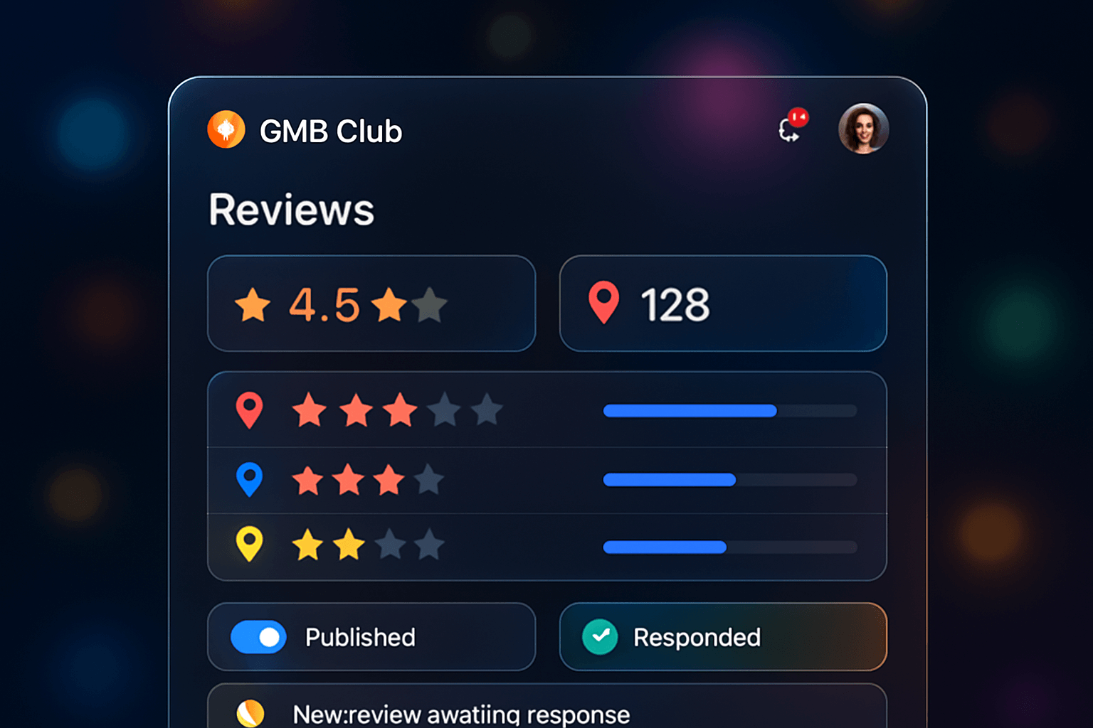 Interface GMB Club montrant la gestion des avis Google