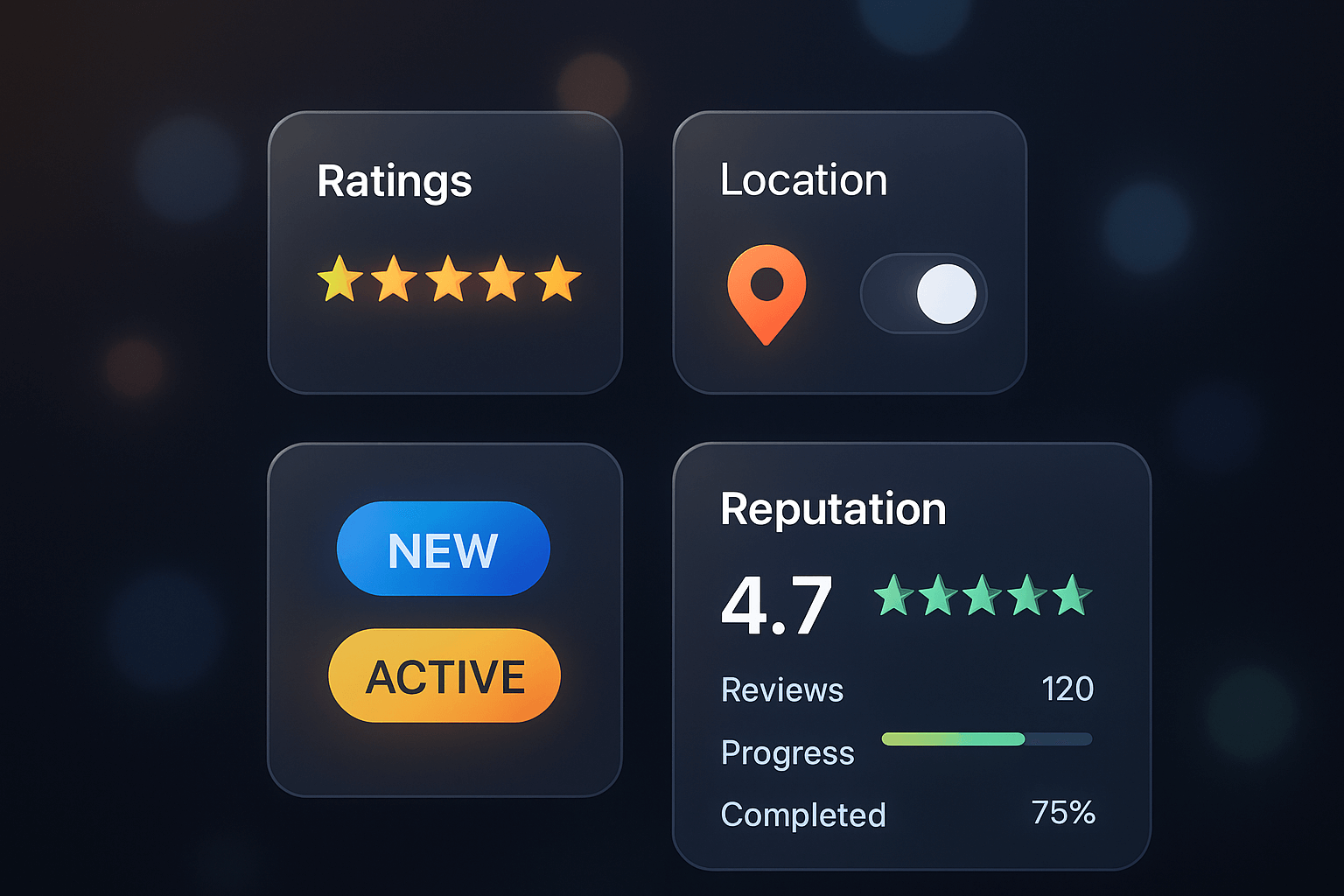Interface GMB Club montrant un outil de réputation en ligne glassmorphism