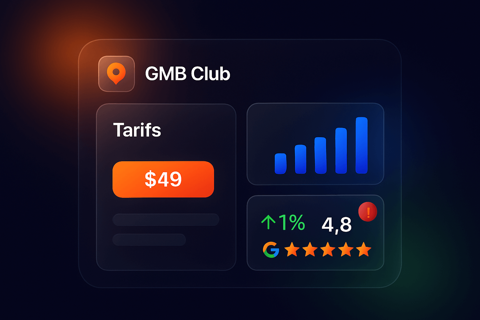 Illustration dashboard sombre glassmorphism montrant le prix logiciel avis Google