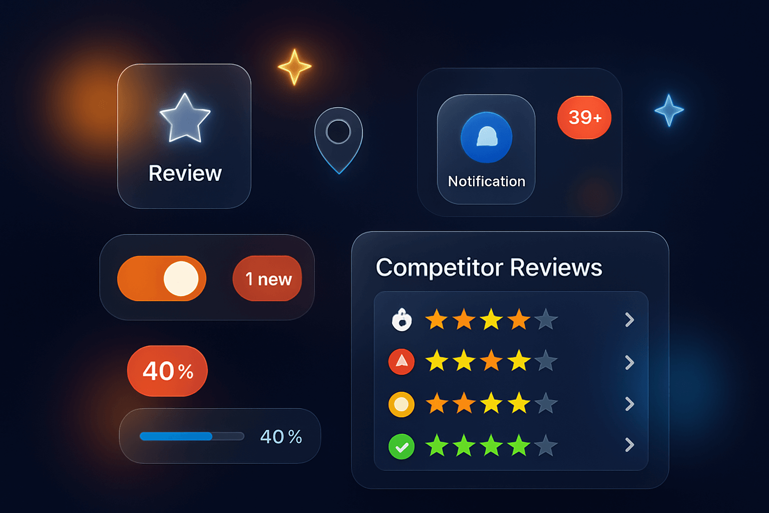 Interface de veille des avis concurrents en style glassmorphism, espionner concurrents avis