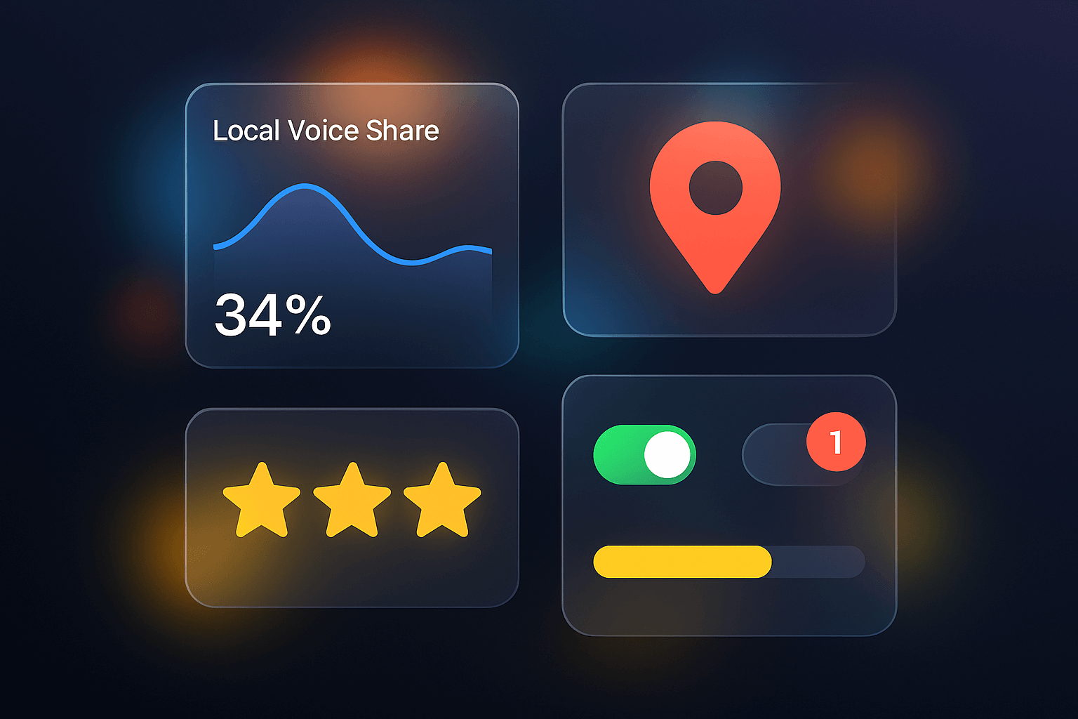 Interface glassmorphism montrant la part de marché locale sur Google